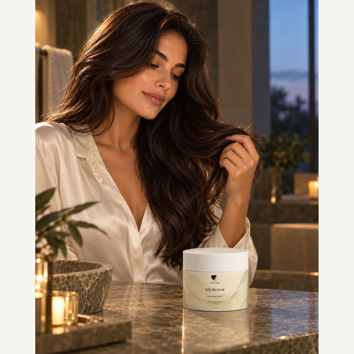 Brunette model with finished hair beside Silk Revival jar on an olive stone vanity