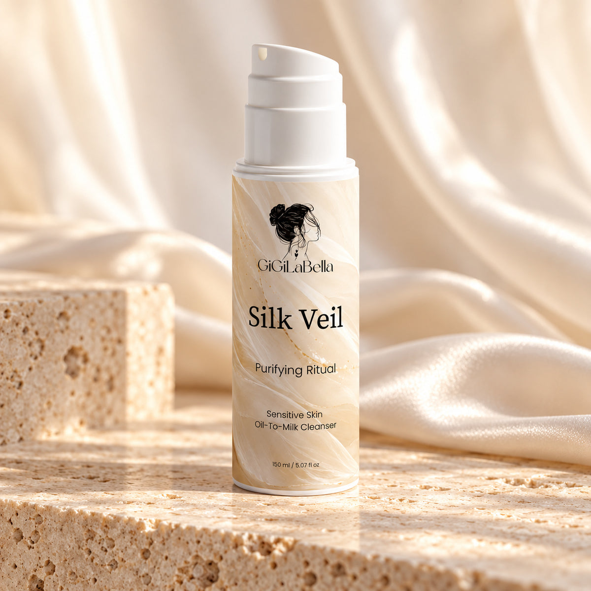Silk Veil oil-to-milk cleanser on pale travertine and silk