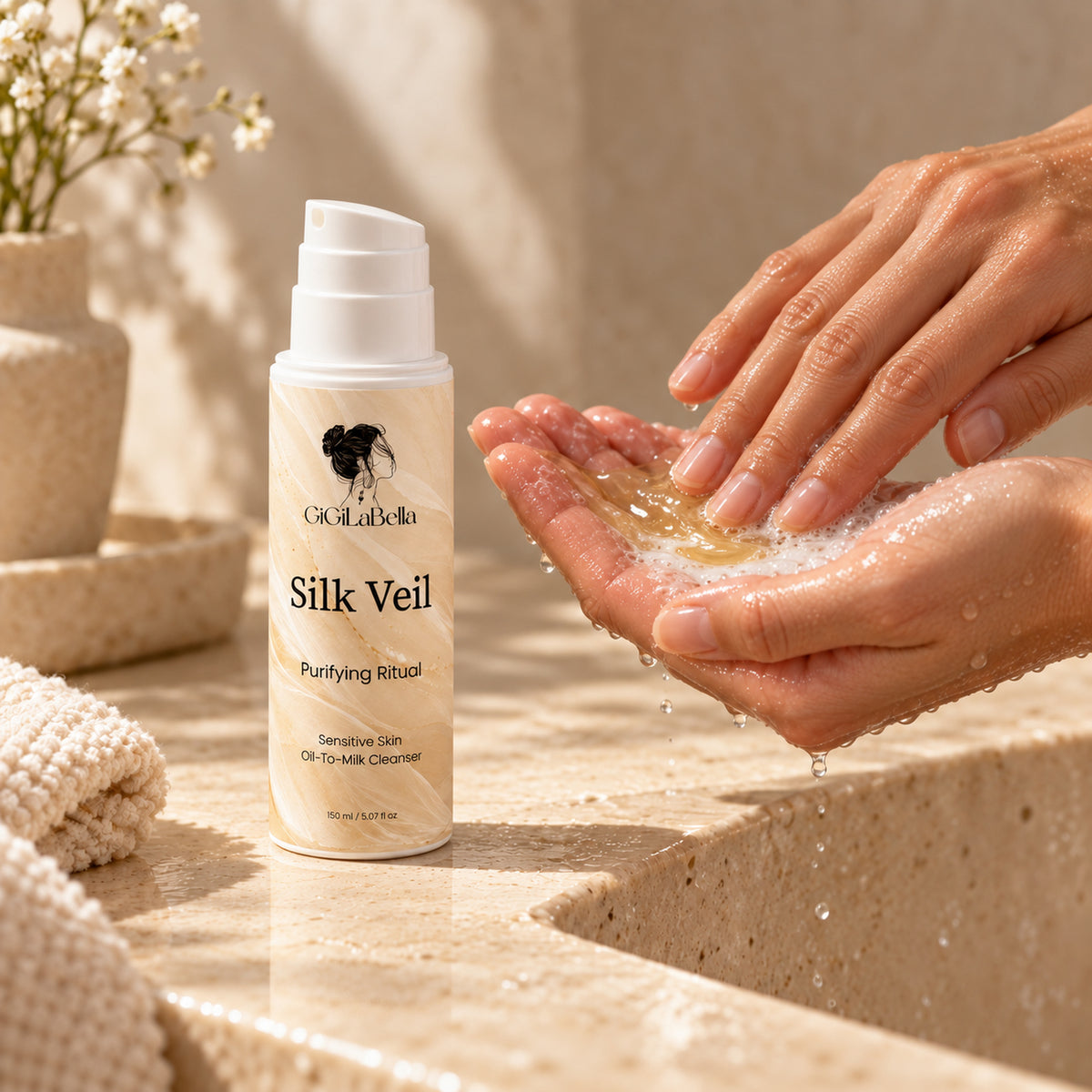 Silk Veil correct short angled pump beside hands emulsifying cleanser