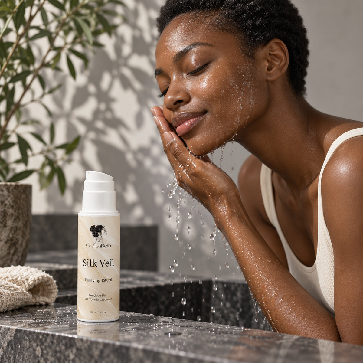 Woman rinsing her face with Silk Veil cleanser beside a washstand