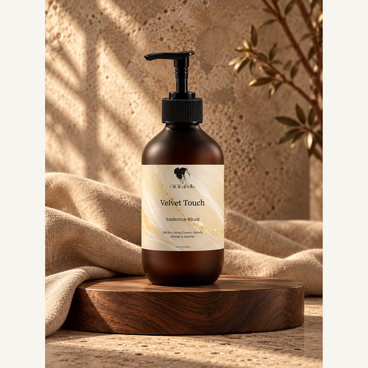 Velvet Touch 270 ml amber hand cream bottle on a walnut plinth with natural contact shadow