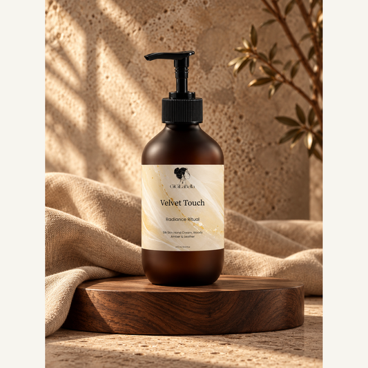 Velvet Touch 270 ml amber hand cream bottle on a walnut plinth with natural contact shadow