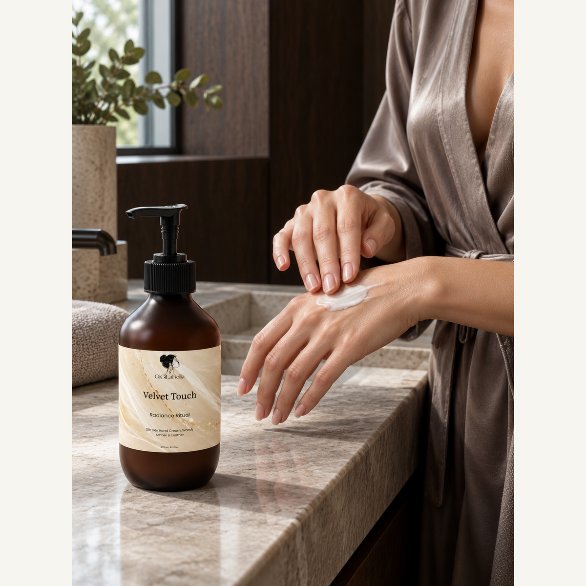 Hands applying Velvet Touch hand cream beside the grounded 270 ml pump bottle
