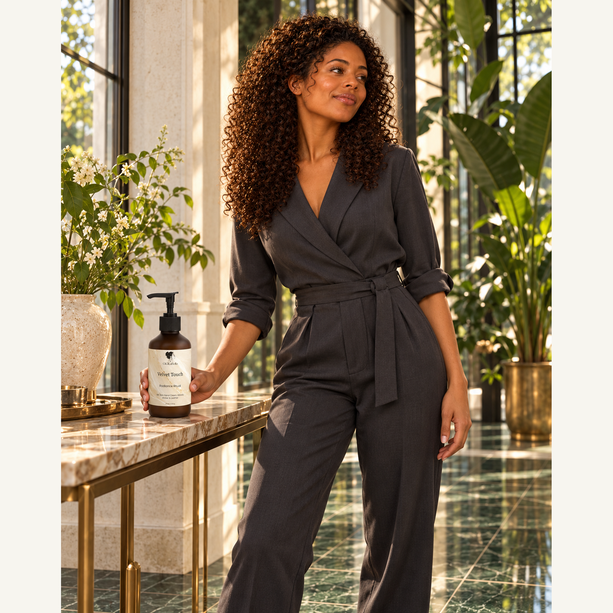Curly-haired model standing in a conservatory with Velvet Touch bottle on a marble console