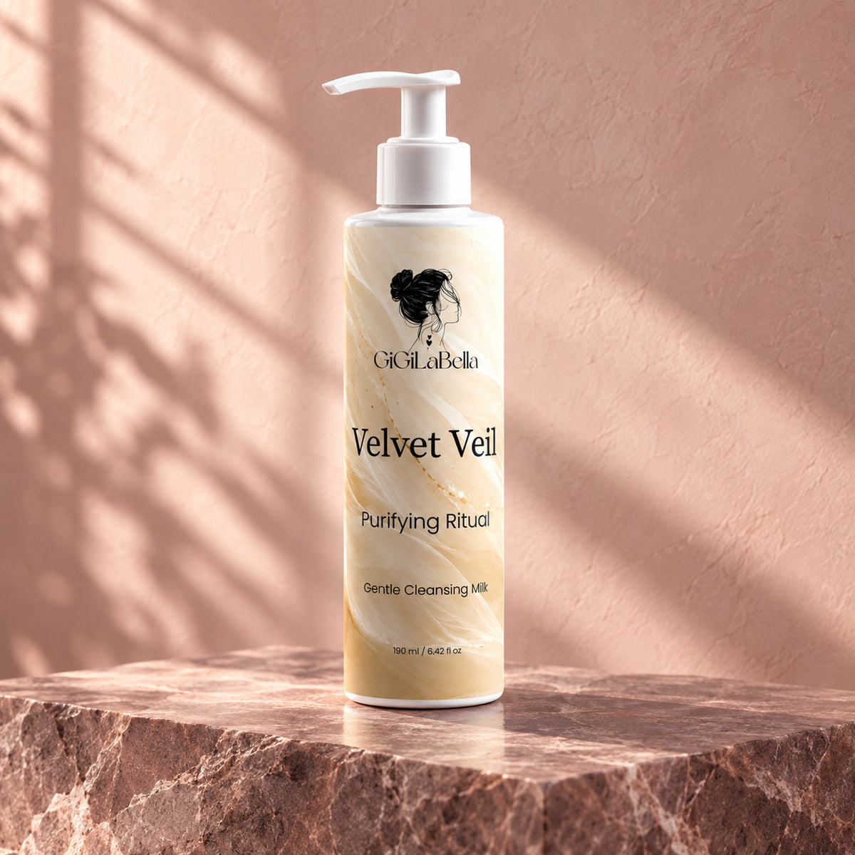 Velvet Veil cleansing milk on rose stone in afternoon light