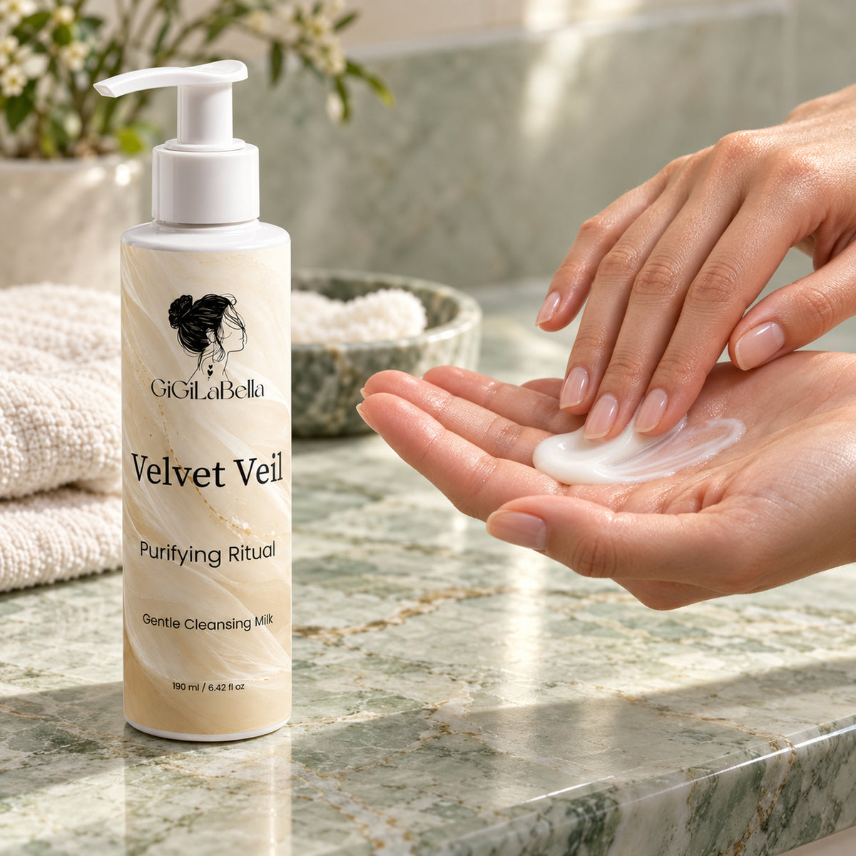 Velvet Veil cleansing milk texture on fingertips beside the bottle