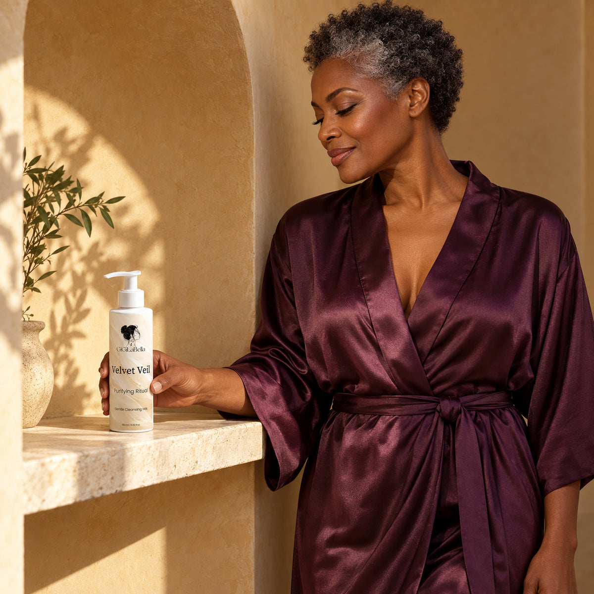 Woman setting Velvet Veil cleansing milk on a stone shelf