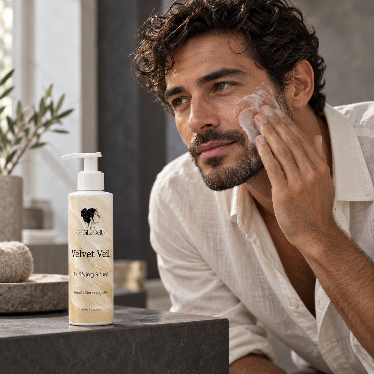 Man applying Velvet Veil cleansing milk with the bottle beside him